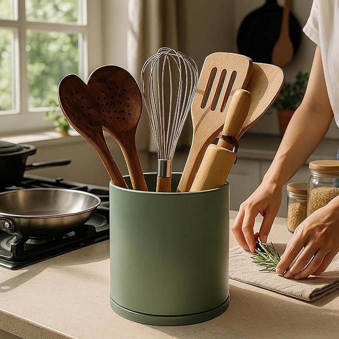 D'vine Dev 360° Rotating Utensil Holder Set – 7.2"+5" Kitchen Utensil Crocks for Countertop, Modern Cooking Tool Organizers for Kitchen Storage +Décor, Olive, Set of 2, 72-Z-C-1