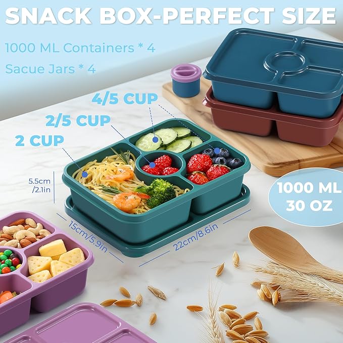 Bento Snack Box Containers, Reusable Meal Prep Lunch Containers for Adults Kids, Stackable Bento Snack Box 4 Pack, Divided Lunchable Food Storage Containers with Sauce Container, Dark Purple