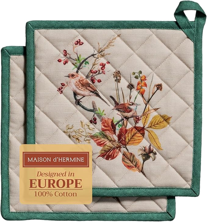 Maison d' Hermine Pot Holders Set 100% Cotton Heat Resistant Potholders 8" x 8" Hot Pads with Loop for Thanksgiving Christmas Decorations BBQ Cooking Baking Handling Hot Pans (Pack of 2, Recolte)