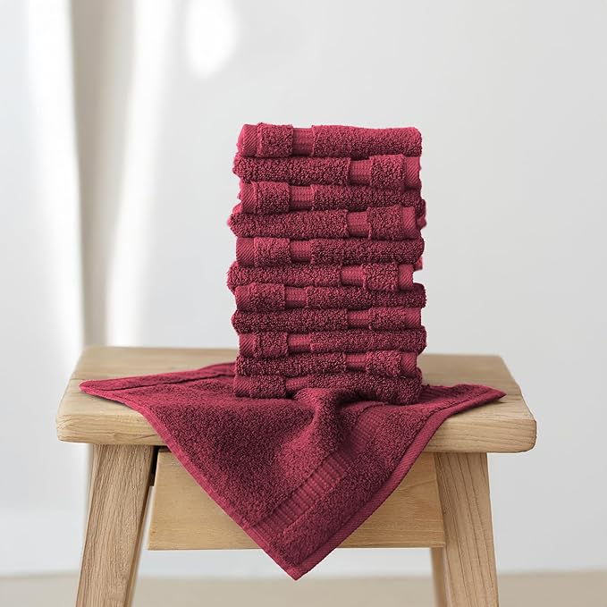 SALBAKOS 100% Turkish Cotton Washcloth Set of 12, 13x13 inch | Premium Quality | Hotel & Spa Collection | Ultra Soft, Super Absorbent, Wash Cloth Towels | Made in Turkey (Wine, 12 Washcloths)
