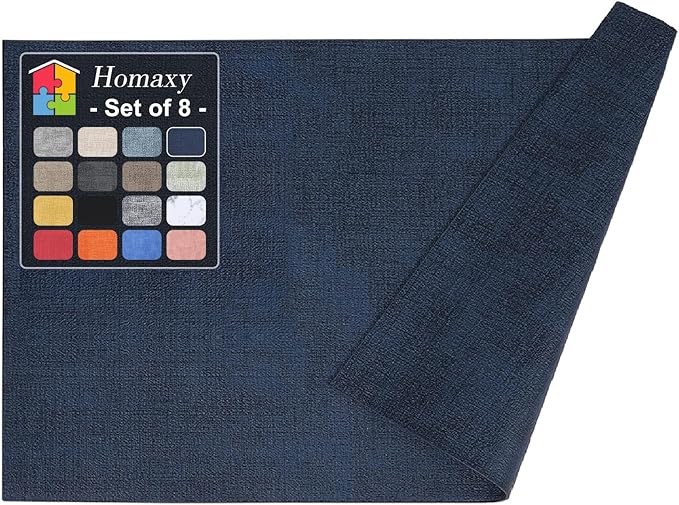 Homaxy Faux Leather Heat Resistant Placemats for Dining Table Set of 8, Waterproof Wipeable Washable PU Table Mats, Easy to Clean Anti-Slip Place Mats, 11.8" x 17", Navy Blue