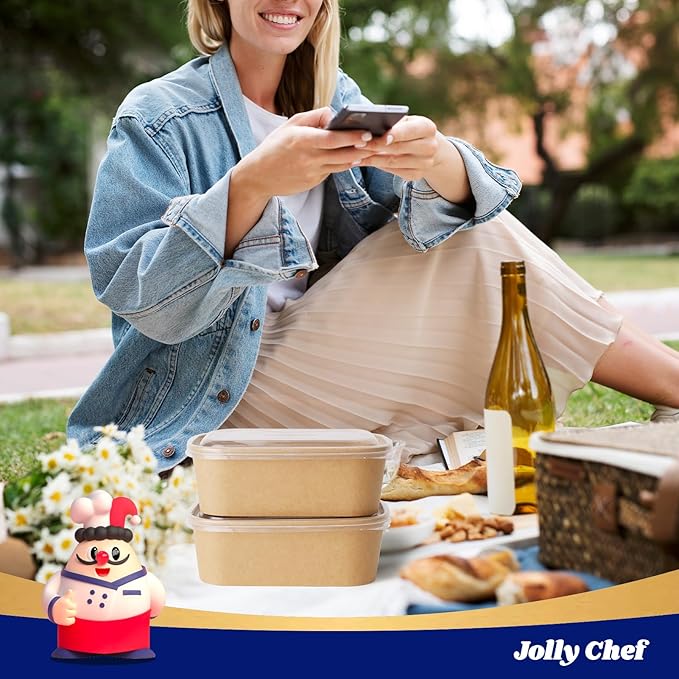 JOLLY CHEF 25 oz 50 Pack Paper Meal Prep Containers with Lids, Rectangular Disposable Food Containers, Brown Paper Bowls with Lids for Thanksgiving, Christmas, Parties