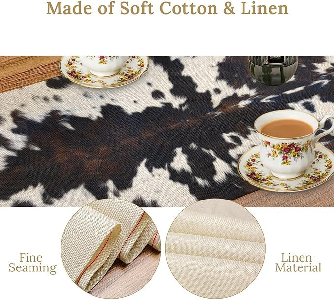Cow Print Table Runner Country Farmhouse Cottage Brown Cowhide Print Art Printed Runner for Home Kitchen Dining Table Living Room Decor Fabric 1 Panel W13xL70in