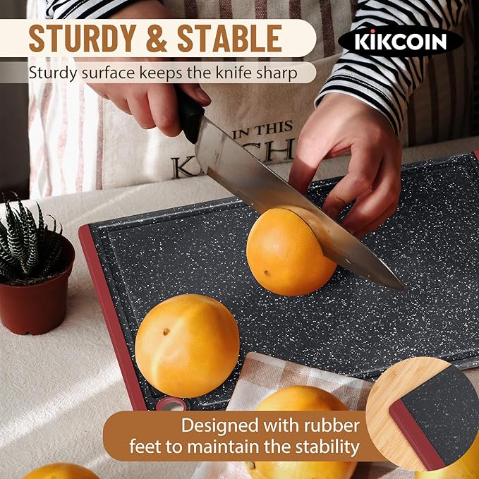 Kikcoin Plastic Cutting Boards for Kitchen, 3-Piece Large Cutting Board Set Dishwasher Safe Chopping Boards with Non-slip Feet and Juice Grooves, Red