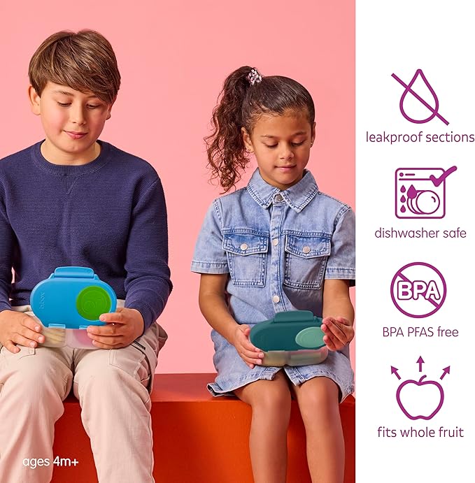 b.box Snack Box 2 Pack - Leak Proof Mini Bento Box for Kids & Toddlers, 2 Compartment Snack Containers for Kids, Dishwasher Safe, BPA Free, PFAS Free, Ages 4m+, 1 3/4 Cup Each (Ocean Blue + Forest)