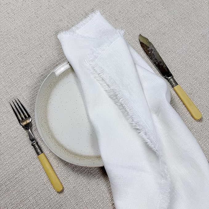 100% Pure Linen Kitchen Towel Set, Includes 2 Towels, 20" x 27", Handcrafted with Hanging Loop and Fringe Design (White)