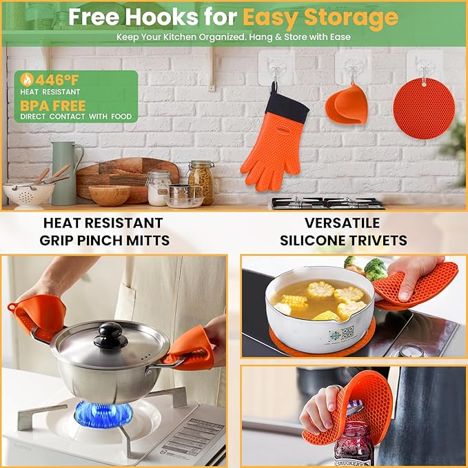 GEEKHOM Silicone Oven Gloves Set 8-Piece: 446°F Heat Resistant with Trivet Mats Pinch Grips Hooks & Kitchen Accessories