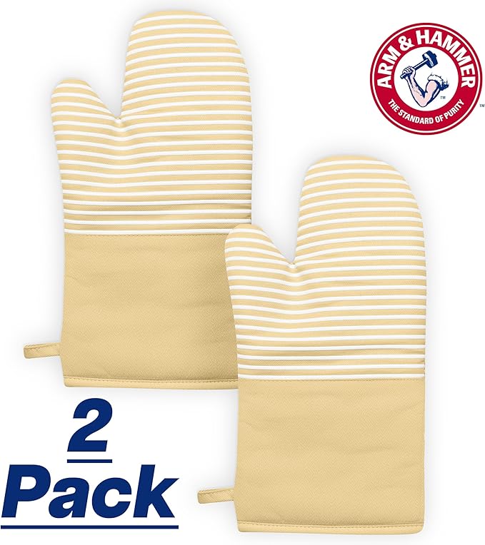 Arm & Hammer Striped Oven Mitts, Heat Resistant, Non-Slip Silicone Grip, 2 Pack, Gold