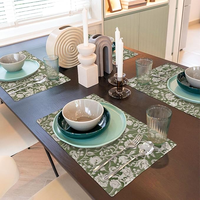 Floral Placemats 12x18 Inch Set of 4, Flower Print Linen Table Place Mat Neutral Vintage Decoration Washable Table Mats Sage Green Floral Decorative Linen Fabric Table Mat for Dining Table