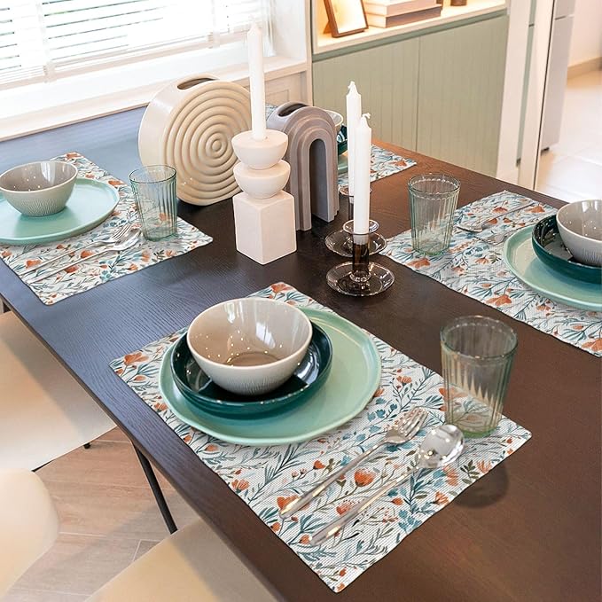 Boho Teal Orange Floral Linen Placemats Set of 4, 12x18 Inch Burnt Orange and Blue Watercolor Flower Table Mats, Non-Slip Heat Resistant Dining Mats for Kitchen Party Wedding, Spring Easter Home Decor