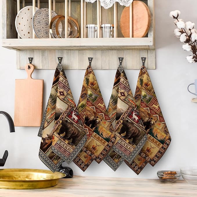 Vintage Rustic Kitchen Towel Set of 4, Lodge Bear Mountain Dish Towels for Kitchen Soft Absorbent Country Cabin Decor Hand Drying Baking Cooking Cloth, Farmhouse Decor 16" x 24"