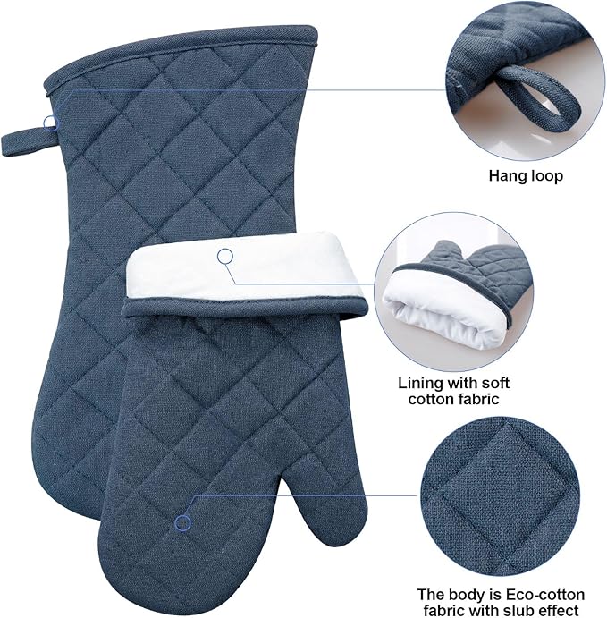 Oven Mitts and Pot Holders with Cooking Apron Set of 5, Heat Resistant Kitchen Gloves and Silicone Non-Slip Potholders, Adjustable Neck Buckle Chef Apron, Cotton Nice Design for Cooking （Navy…