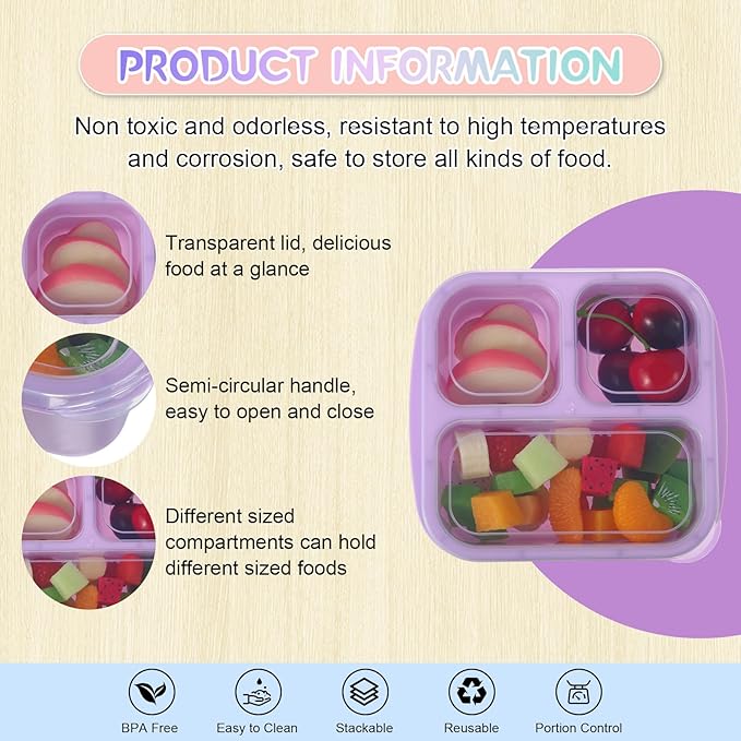 Honeydak 5 Pack Snack Containers 3 Compartment Bento Snack Boxes Divided Meal Prep Containers with Lids Reusable Adults Lunch Food Storage Box for School Work Travel(Candy Color)