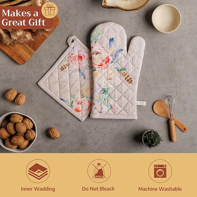 Maison d' Hermine 100% Cotton Oven Mitt & Pot Holder Set (7.5"x13" & 8"x8") Heat Resistant BBQ Cooking Gloves with Loop Baking Grilling Kitchen Gifts for Mothers Day Spring/Summer (Ibiza - Beige)