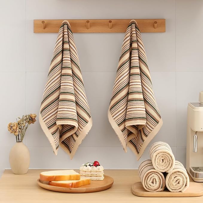 SALAS Kitchen Dish Towels for Drying Dishes, Large Cotton Kitchen Cloths Hand Towels, Stripped Terry Dish Cloths, Thick Highly Absorbent Towel Sets with Hanging Loop, 16" X 26"