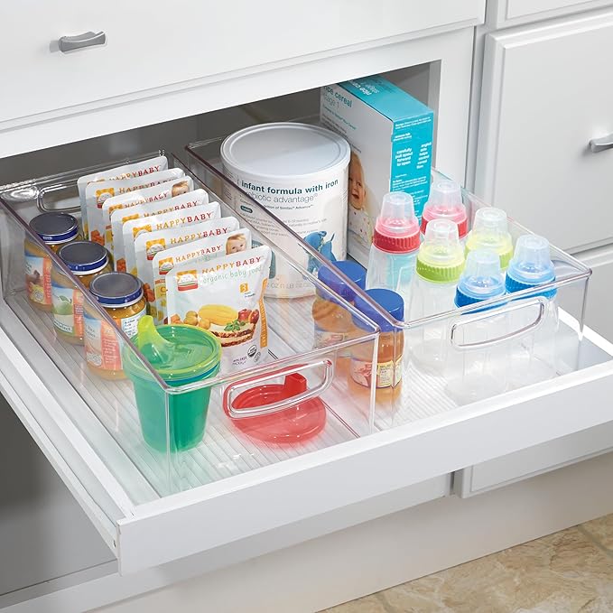 Plastic Stackable Pantry Bin - Organizer Bin with Handles for Cabinets or Fridge - Set of 4 - Clear