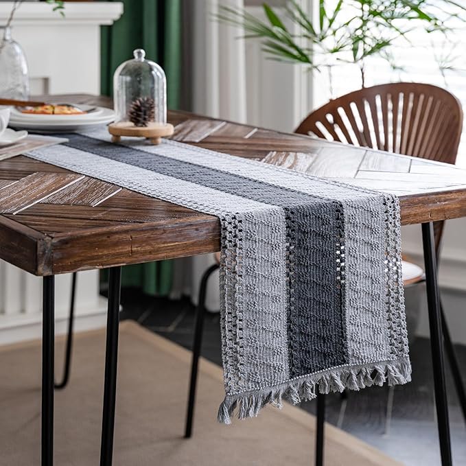 Alynsehom Macrame Table Runner Grey Boho Table Runners with Tassels Hand Woven Cotton Table Runner Rustic Farmhouse Table Runners for Bohemian Kitchen Dining Table(12x71in)