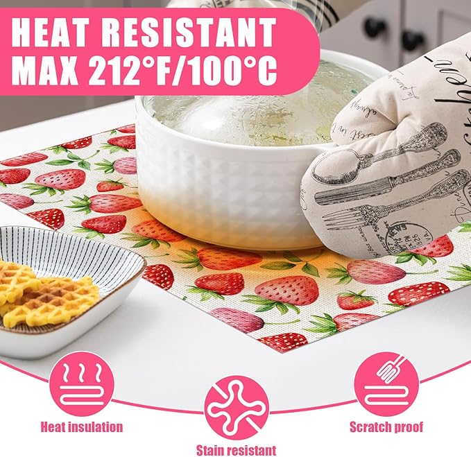 Spring Summer Strawberry Placemats Set of 6,12x18 Inch Sweet Fruit Linen Place Mat Washable Stain Resistant Table Mats for Seasonal Farmhouse Kitchen Party Home Decor