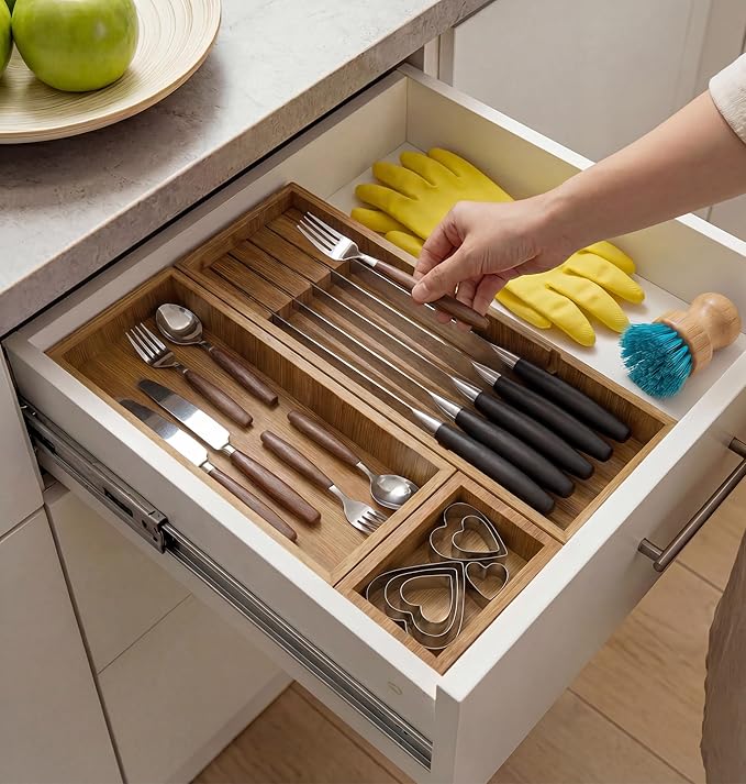 KOCWELL Bamboo Silverware Drawer Organizer with Knife Block, 3 Removable Drawer Organizer Bins - Multi-Use for Kitchen Utensils, Office, Makeup, Tools Storage