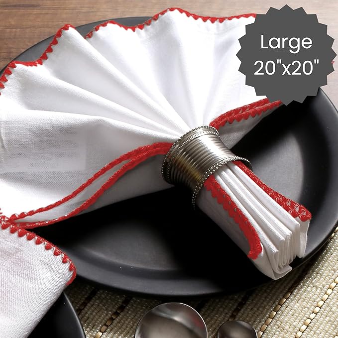 Cotton Clinic Cloth Napkins with Trim - Everyday Use Table Dinner Napkins - Soft Durable Washable - Ideal for Dinner Party Wedding Christmas Easter - Set of 12-20x20 inches Red White Napkins