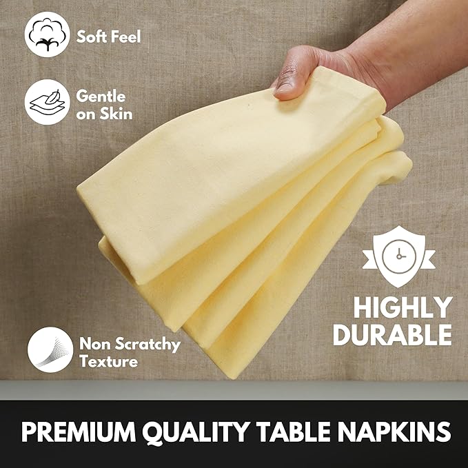 Pale Yellow Cloth Napkins 4 Pack, 17x17 Inches, 100% Cotton, Decorative Washable Table Linen, Soft Reusable Cloth for Baby Shower, Everyday Dining, Spring Wedding, Easter Holiday
