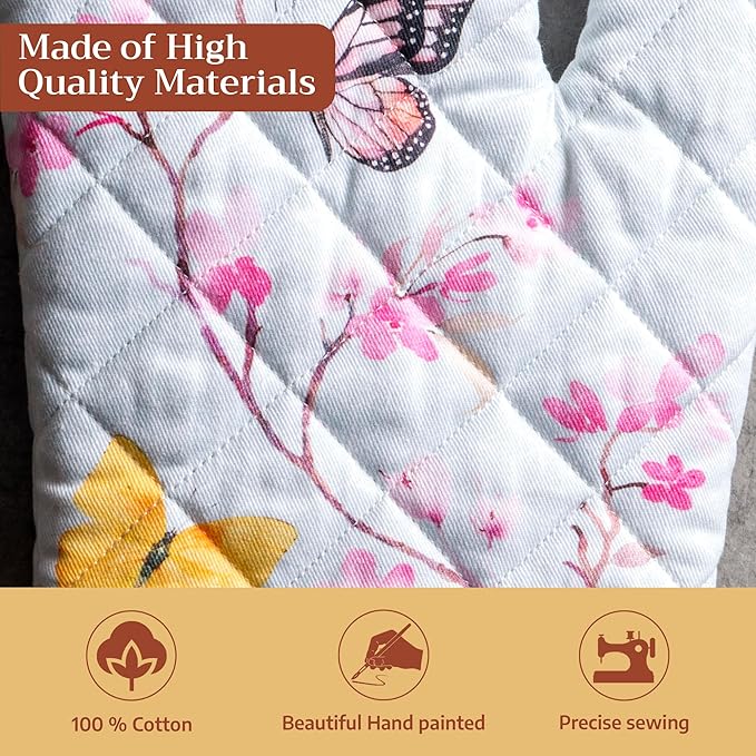 Maison d'Hermine Oven Gloves 100% Cotton Oven Mitt 7" x 13" with Loop Heat Resistant BBQ Cooking Gloves Baking Grilling Gifts for Mothers Day Spring/Summer (Pack of 1, Blossoms in Spring)