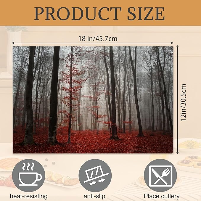 Red Leaf Forest Placemats Set of 6,Washable Heat Resistant 12×18 Inch Linen Table Mats Natural Landscape Park Place Mats for Party Outdoor Dining Décor