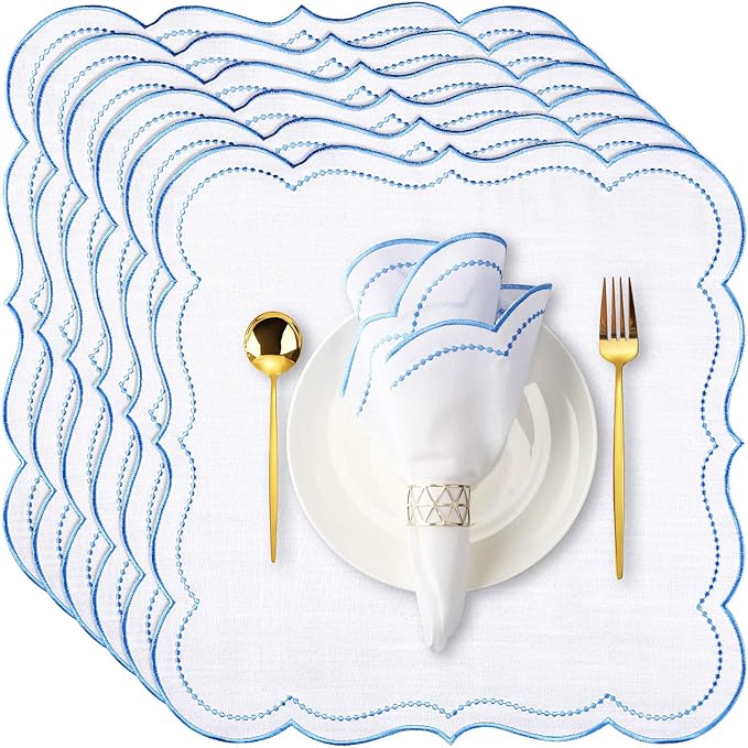Hahafelt 6 Set Cloth Napkins 18x18inches Scalloped Embroidery Cloth Napkins Washable Polyester Table Dinner for Hotel Restaurant Weddings Events Parties (Blue)