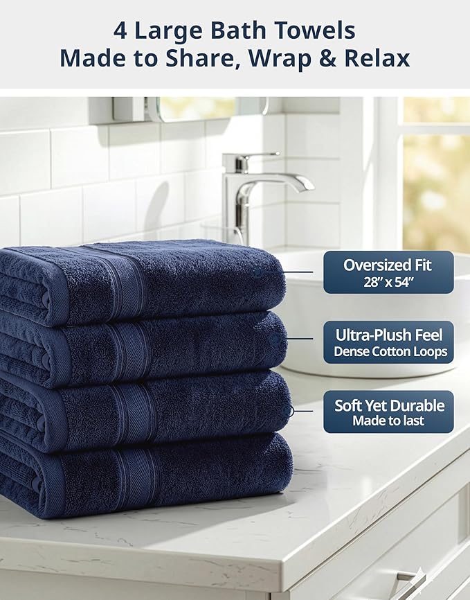 LANE LINEN 100% Cotton 4 Pack Bath Towels (28"x54") - Zero Twist, Mercerized Cotton Towels Set for Bathroom - Quick Dry, Soft & Absorbent Large Bath Towel Set - Dorm Essentials for Boys - Navy Blue