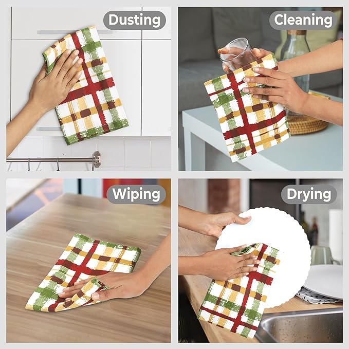 Urban Villa Kitchen Towels 100% Cotton Dish Towels for Kitchen (Set of 6) 20”x30” Dish Cloths Highly Absorbent Kitchen Linen Set with Hanging Loop Perfect for Drying Dishes Cleaning – Fall Checks