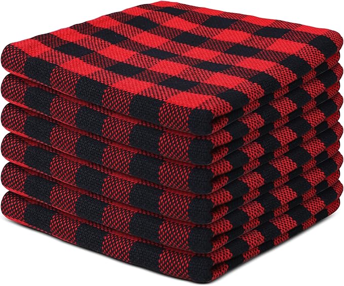 Vintage Vista 100% Cotton Dish Cloths (Pack of 6) - Dish Rags for Washing Dishes - Reusable & Highly Absorbent Kitchen Towels - Kitchen Rags fo Easter - (12" x 12" - Black & Red Checkered)