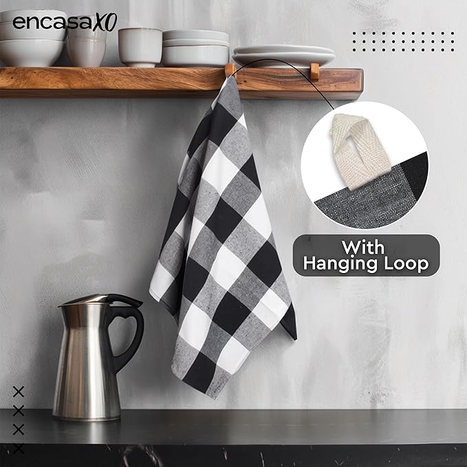 Encasa XO Cotton Kitchen Towel Set | Hand and Tea Cloth for Cleaning & Quick Drying, X-Large 28"x18" (Pack of 4) Highly Absorbent - Buffalo Black Checks