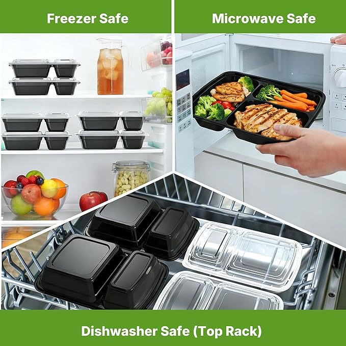 Meal Prep Containers with Lids, Reusable 2-Compartment Food Storage, Sturdy Leakproof, Food Safe, Microwave Freezer Dishwasher Safe, To-Go Takeout Plastic Containers, 50 Pack (100-Piece) – 60828 60828