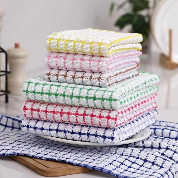 Homaxy Kitchen Towels and Dishcloths Set, 16 x 25 and 12 x 12 Inches, Set of 12 Cotton Terry Kitchen Dish Towels, Super Soft and Absorbent Dish Cloths, Red/Blue/Yellow/Green/Pink/Brown