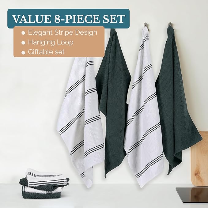 Casa Platino 8PC Cotton Kitchen Towels, 16"x26", Summer Grey Kitchen Towels