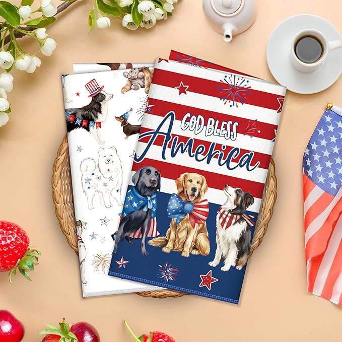 4th of July Patriotic Dog Microfiber Kitchen Towels, Soft Absorbent Independence Day Hand Towel 15.7 × 23.6 inch, Thick Dish Cloth for Party Anniversary Holiday Decoration Housewarming Gifts