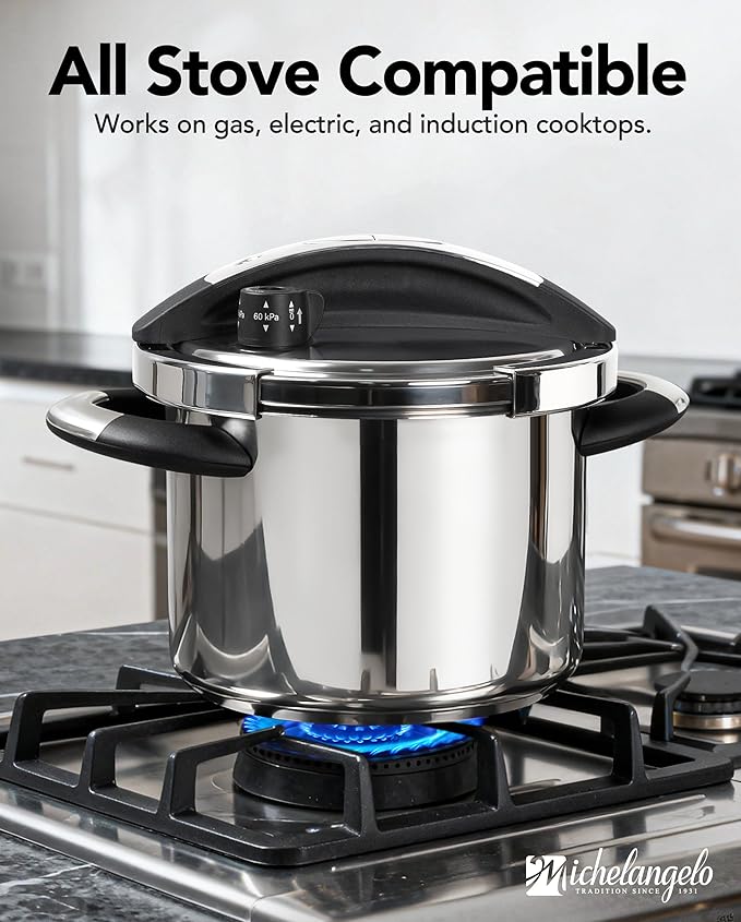 MICHELANGELO Stainless Steel Pressure Cooker 6.3 Quart, 3-in-1 Olla de Presion, One-Hand Locking System, Induction Compatible, with Glass Lid & Steamer