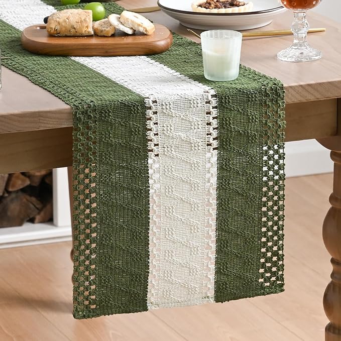 Artoid Mode Army Green Farmhouse Rustic Table Runner, Seasonal Hollow Kitchen Dining Table Decoration for Home Party Decor 12x120 Inch