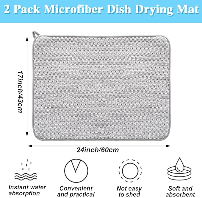 2 Pack Microfiber Dish Drying Mat,24*17 inch Absorbent Dish Drainer Kitchen Counter,Large Size Dish Drying Pad for Countertops,Sinks,Draining Racks(Gray)