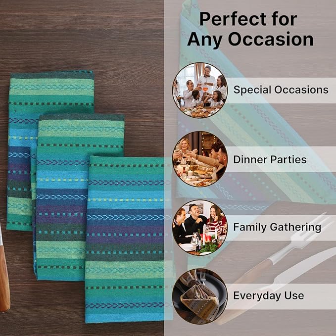 LFH Home Cotton Rich Cloth Salsa Napkin Set of 12 Washable Soft Durable Striped Table Napkins for Dining Wedding, Daily Use Reusable Eco-Friendly Fabric Napkins (18x18)-Teal Thanks Giving