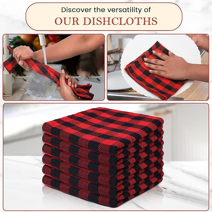 Vintage Vista 100% Cotton Dish Cloths (Pack of 6) - Dish Rags for Washing Dishes - Reusable & Highly Absorbent Kitchen Towels - Kitchen Rags fo Easter - (12" x 12" - Black & Red Checkered)