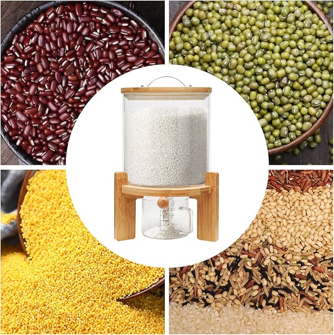 5L Cereal Dispenser, Bamboo Grain Storage Barrel with Sealed Lid and Wooden Stand, Cereal Container for Pantry Organization and Storage (5L)