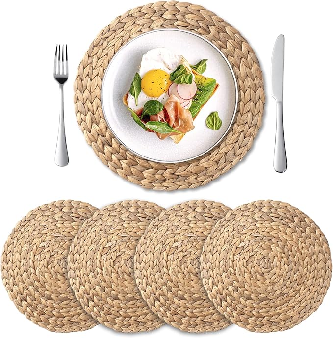 Round Woven Placemats Set of 4, Natural Water Hyacinth Place Mats, Boho Wicker Placemats, Table Mats for Dining Table (13.8 inch) by YANGQIHOME