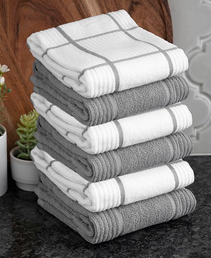 T-Fal Solid & Checked Parquet Kitchen Towels: Highly Absorbent, Super Soft Long Lasting - 100% Cotton, 16"x26" Dish Towels for Cleaning & Drying Dishes, Pans, Glassware, Countertops, 6-Pack, Gray