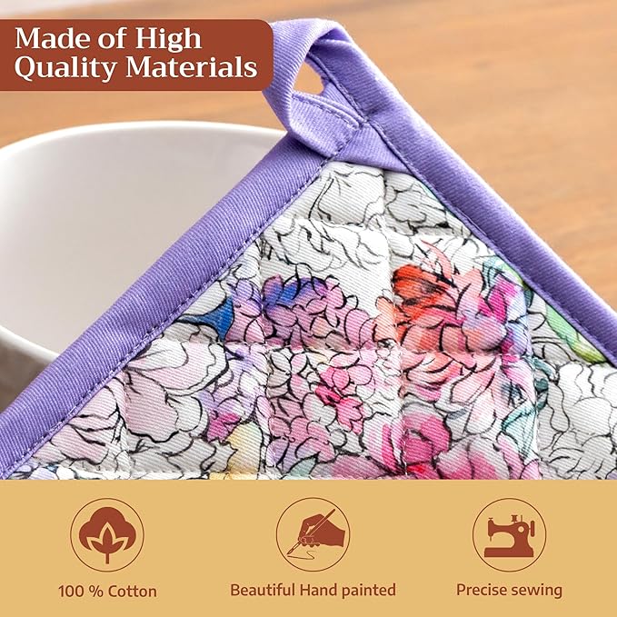 Maison d' Hermine 100% Cotton Oven Mitt & Pot Holder Set (7.5"x13" & 8"x8") Heat Resistant BBQ Cooking Gloves with Loop Baking Grilling Kitchen Gifts for Mothers Day Spring/Summer (Floral Love)
