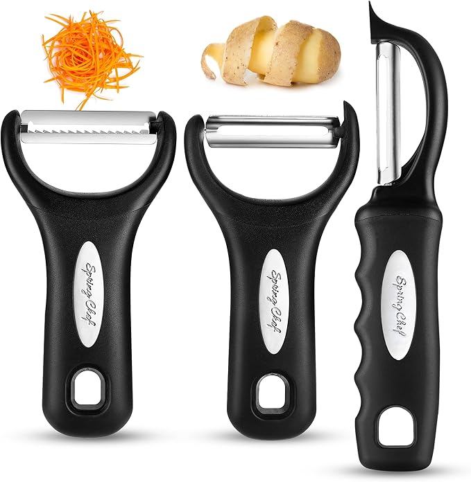 Spring Chef Vegetable Peelers for Kitchen - Stainless Steel Swivel, Y & Julienne Peelers, Potato Peelers with Soft Grip Handles, Kitchen Utensils Set of 3 for Fruits, Veggies, Apples, Carrots