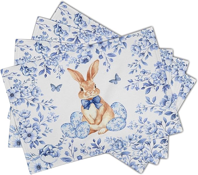 Rabbit Easter Placemats for Dining Table 12 X 18 in Holiday Decoration Rustic Vintage Washable Table Mats Set of 4 Blue