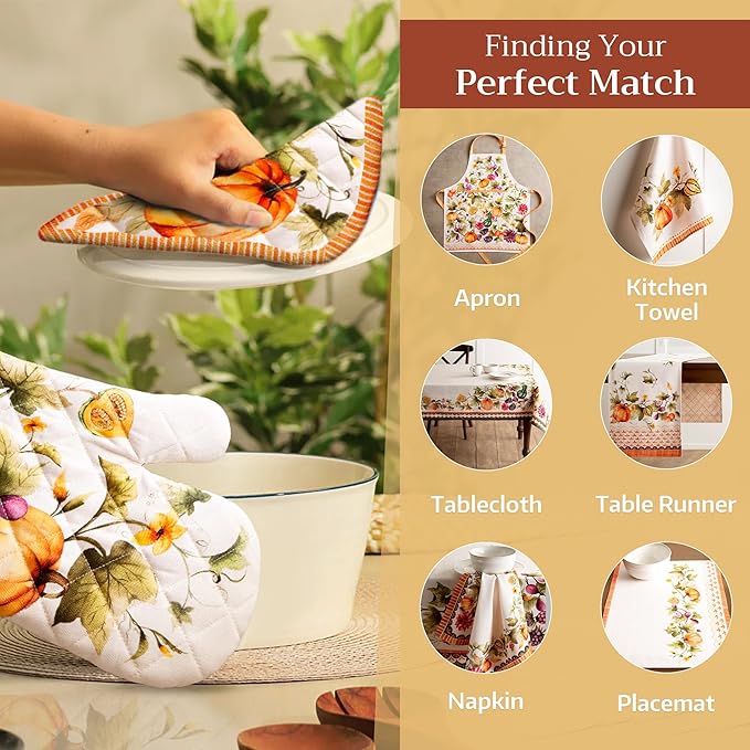 Maison d' Hermine Oven Gloves 100% Cotton Oven Mitt 7" x 13" with Loop Heat Resistant Cooking Gloves for Thanksgiving Christmas Decorations Handling Hot Pans (Pack of 1, Pumpkin Garden - Cloudy Cream)