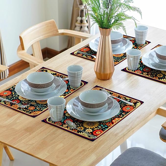 Boho Florals Placemat Set of 4 Colorful Flower Linen Place Mat for Home Decor