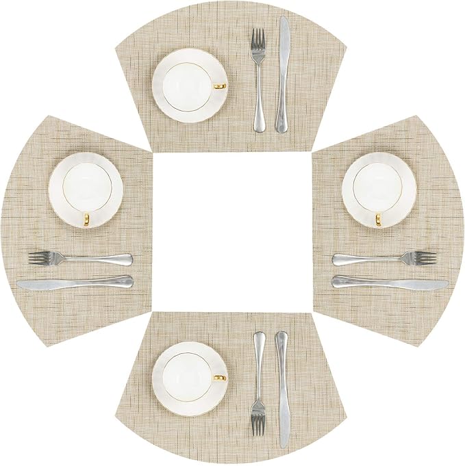 SHACOS Round Table Placemats Wedge Shaped Placemat Set of 4 Non Slip Heat Resistant Woven Vinyl Table Mats Wipe Clean Indoor Outdoor (4, Beige Yellow)